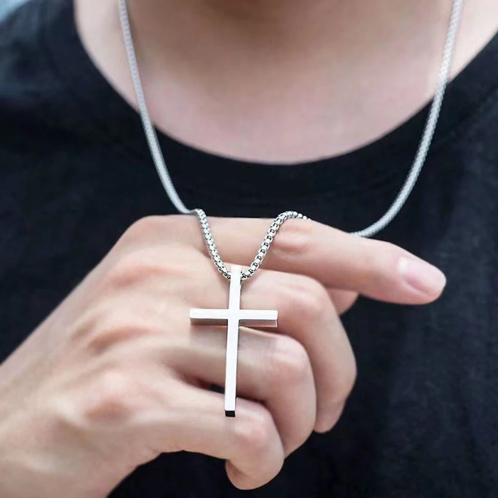 Men's Cross Necklace, Silver Colorless Cross Pendant Collar, Women's Jewelry with Stainless Steel Box Chain