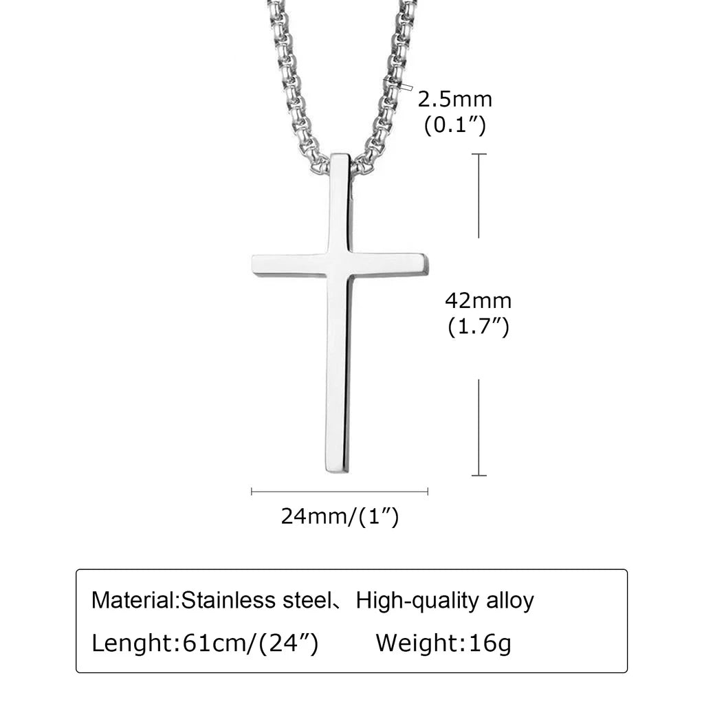Men's Cross Necklace, Silver Colorless Cross Pendant Collar, Women's Jewelry with Stainless Steel Box Chain