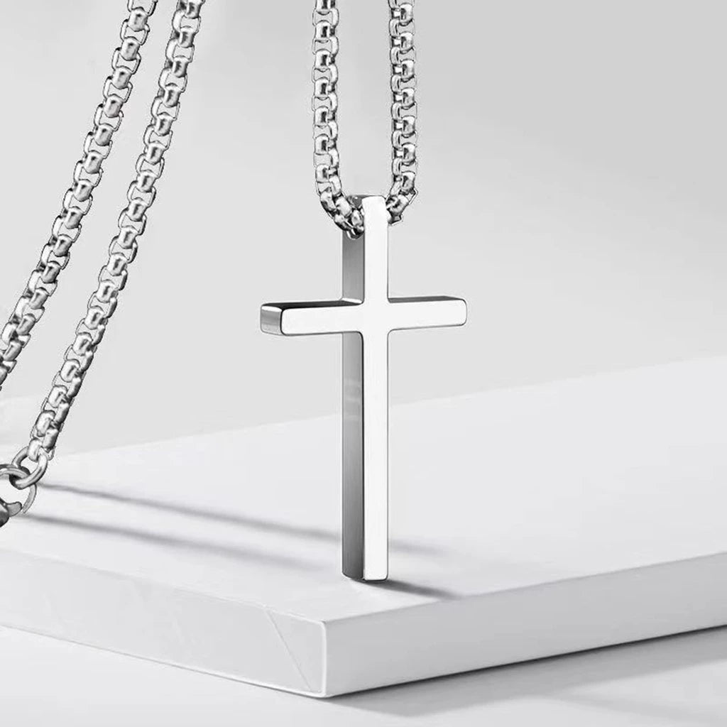 Men's Cross Necklace, Silver Colorless Cross Pendant Collar, Women's Jewelry with Stainless Steel Box Chain