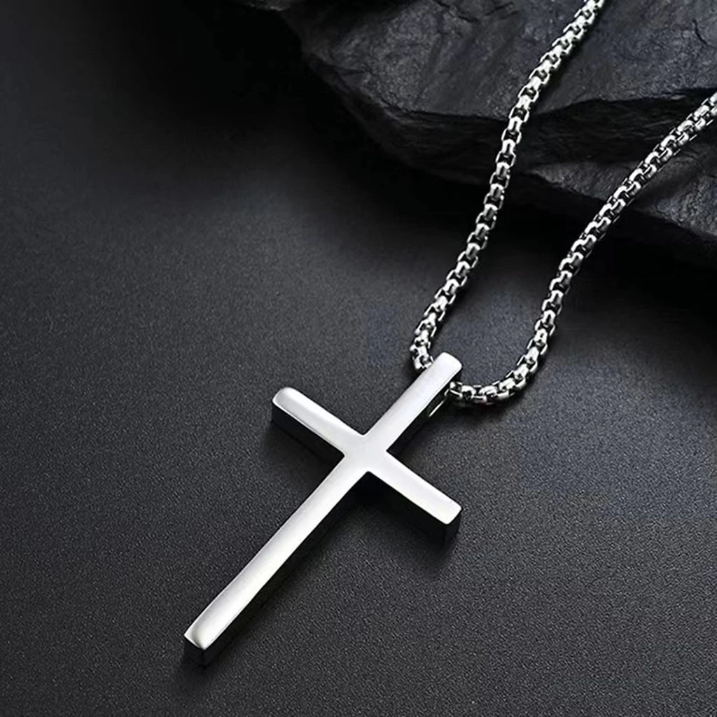 Men's Cross Necklace, Silver Colorless Cross Pendant Collar, Women's Jewelry with Stainless Steel Box Chain