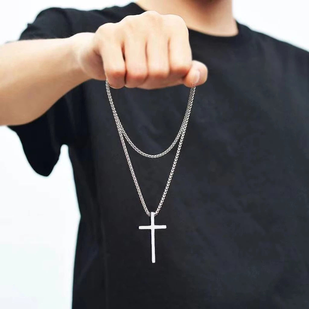 Men's Cross Necklace, Silver Colorless Cross Pendant Collar, Women's Jewelry with Stainless Steel Box Chain
