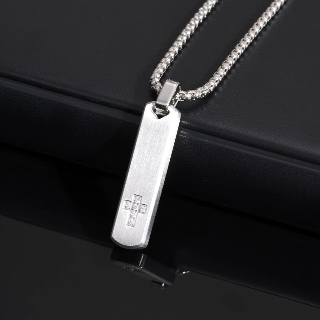 Zircon Cross Bar Pendant Necklace for Men Boys, Stainless Steel Non-fade Men's Simple Chain Jewelry Gifts