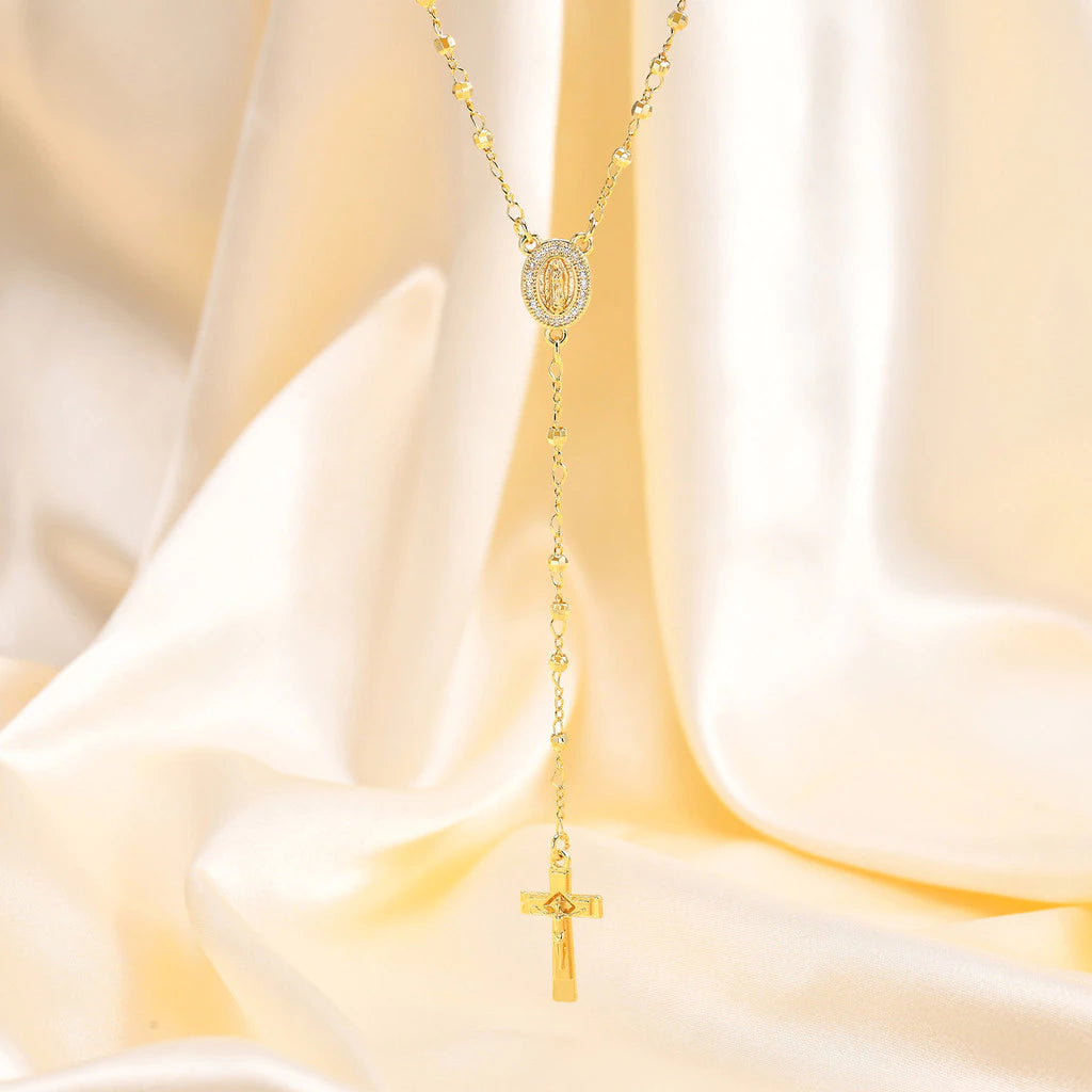 Dainty Virgin Mary Cross Long Bead Necklace for Women Men,18K Gold Faith Pray Jewelry Accessories