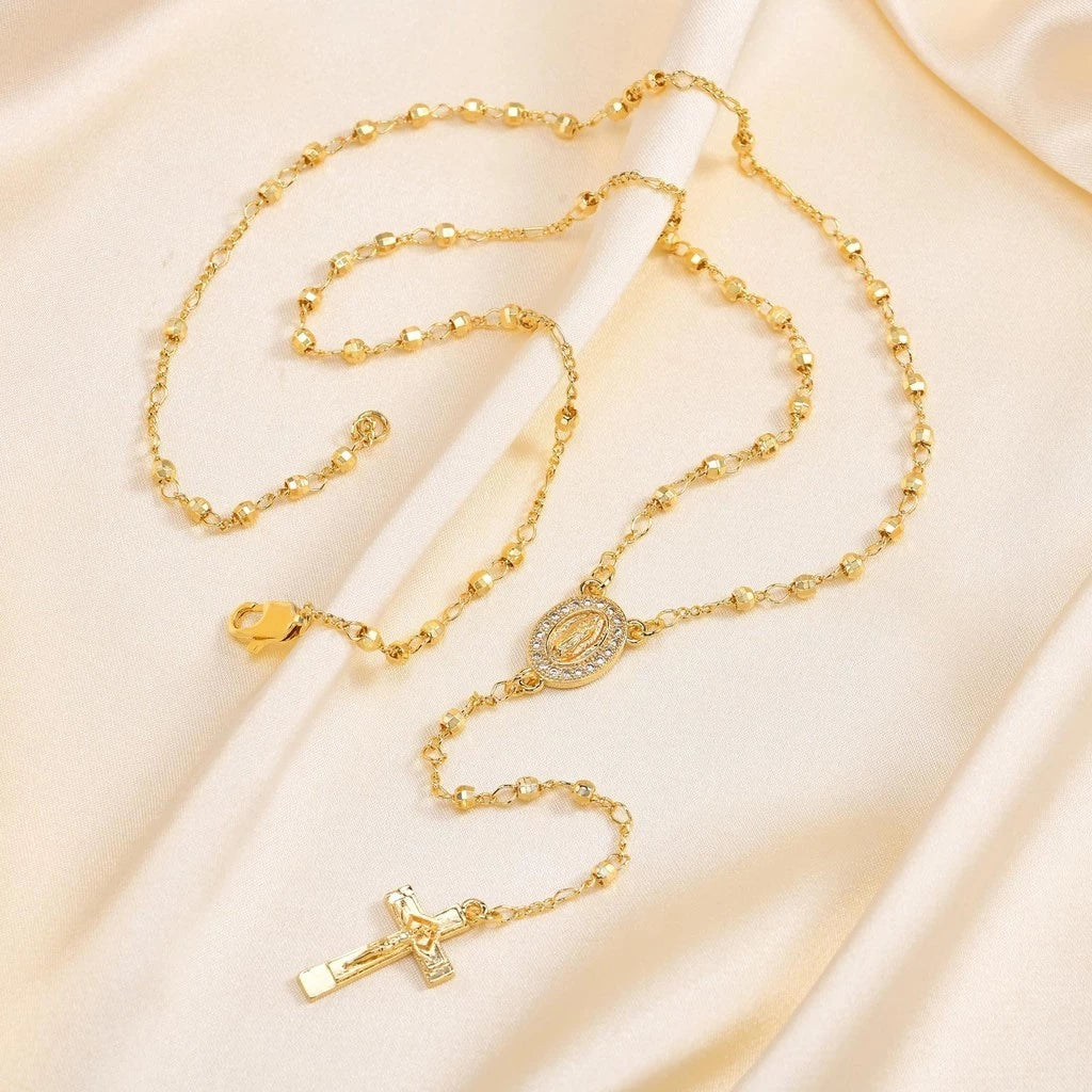 Dainty Virgin Mary Cross Long Bead Necklace for Women Men,18K Gold Faith Pray Jewelry Accessories