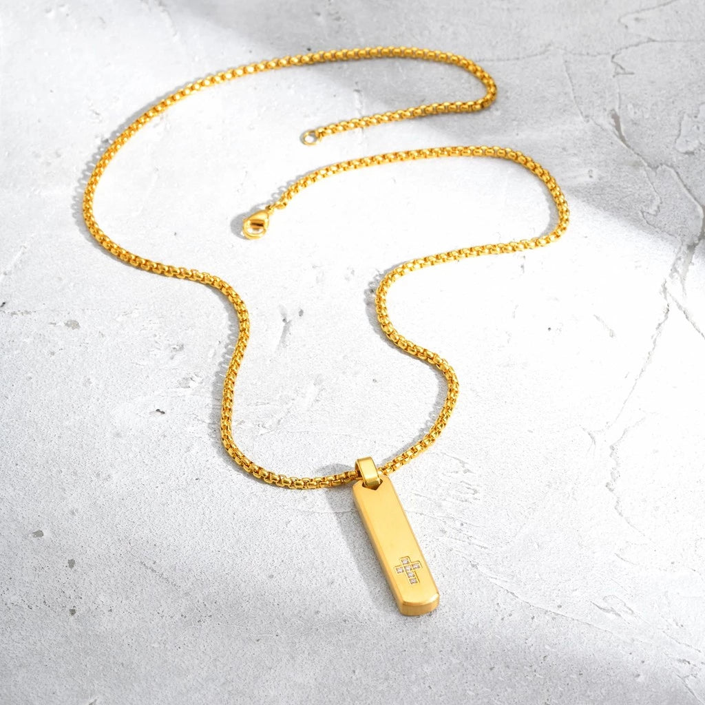 Zircon Cross Bar Pendant Necklace for Men Boys, Stainless Steel Non-fade Men's Simple Chain Jewelry Gifts