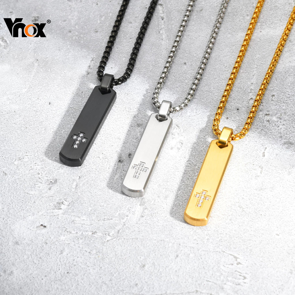 Zircon Cross Bar Pendant Necklace for Men Boys, Stainless Steel Non-fade Men's Simple Chain Jewelry Gifts