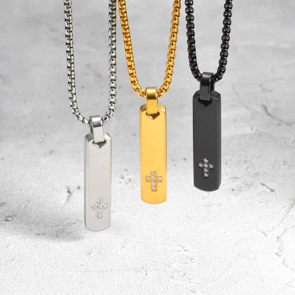 Zircon Cross Bar Pendant Necklace for Men Boys, Stainless Steel Non-fade Men's Simple Chain Jewelry Gifts
