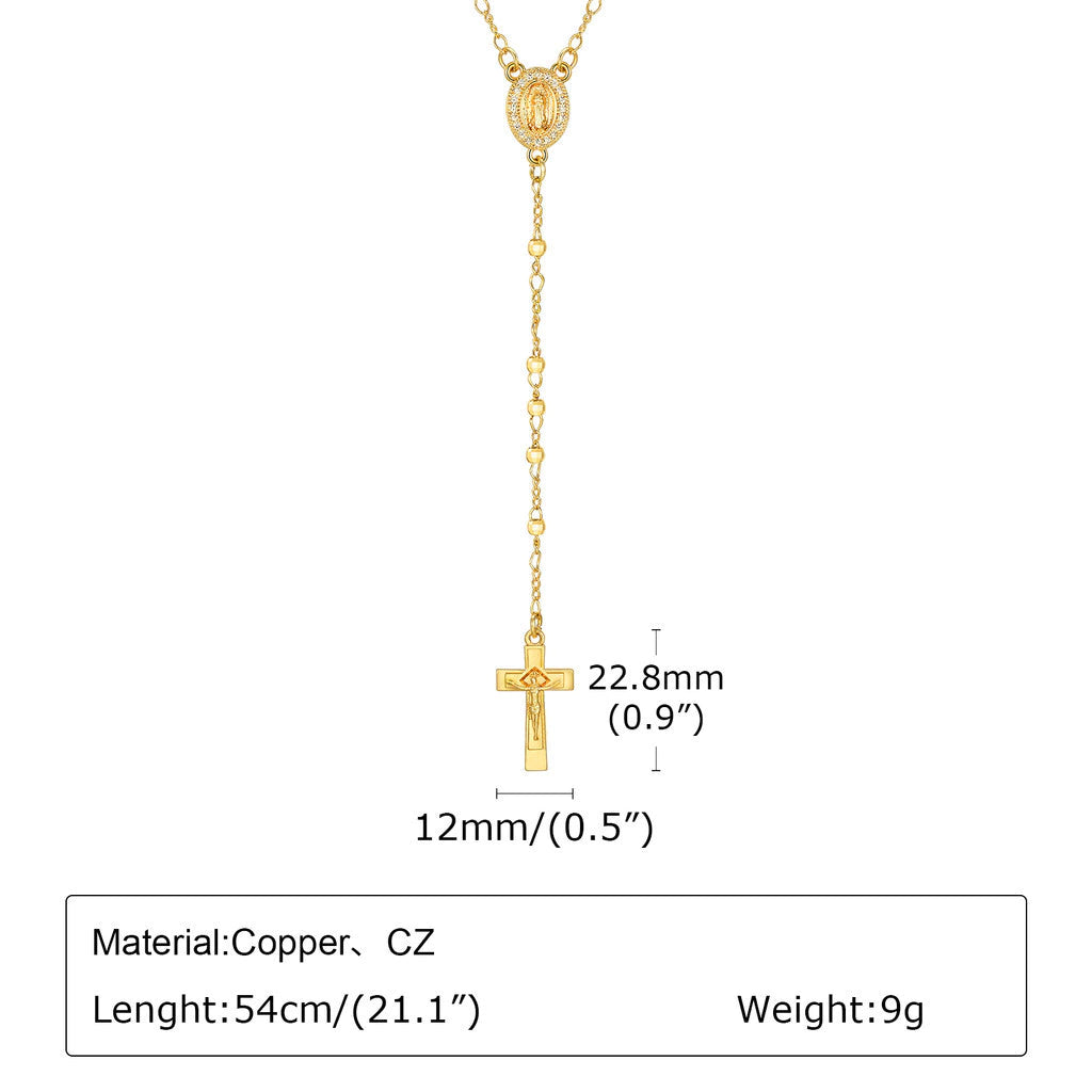 Dainty Virgin Mary Cross Long Bead Necklace for Women Men,18K Gold Faith Pray Jewelry Accessories