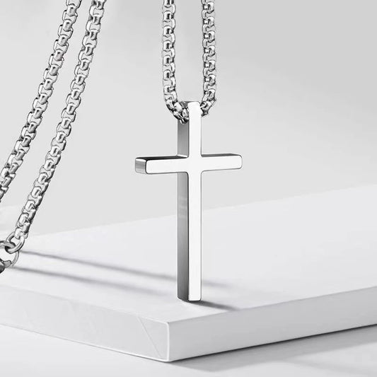 Men's Cross Necklace, Silver Colorless Cross Pendant Collar, Women's Jewelry with Stainless Steel Box Chain