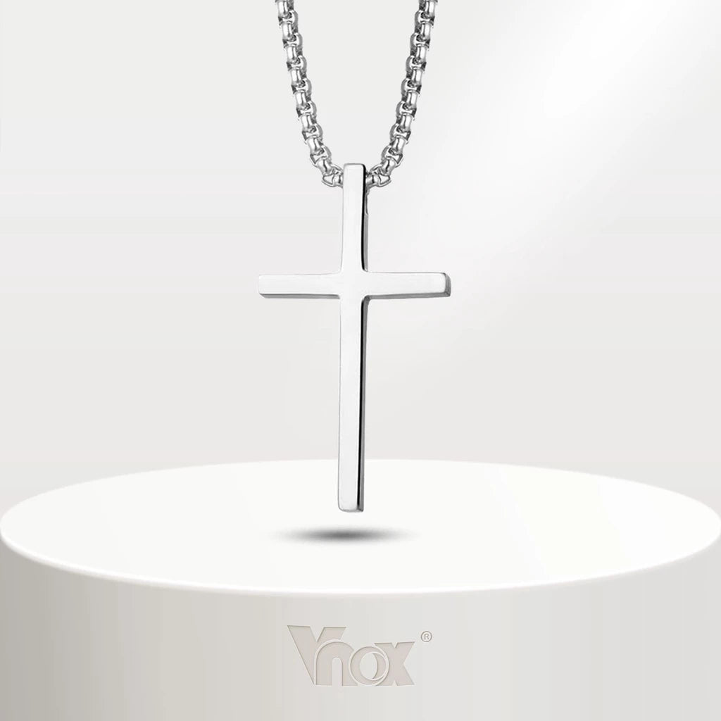 Men's Cross Necklace, Silver Colorless Cross Pendant Collar, Women's Jewelry with Stainless Steel Box Chain