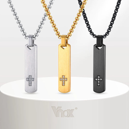 Zircon Cross Bar Pendant Necklace for Men Boys, Stainless Steel Non-fade Men's Simple Chain Jewelry Gifts