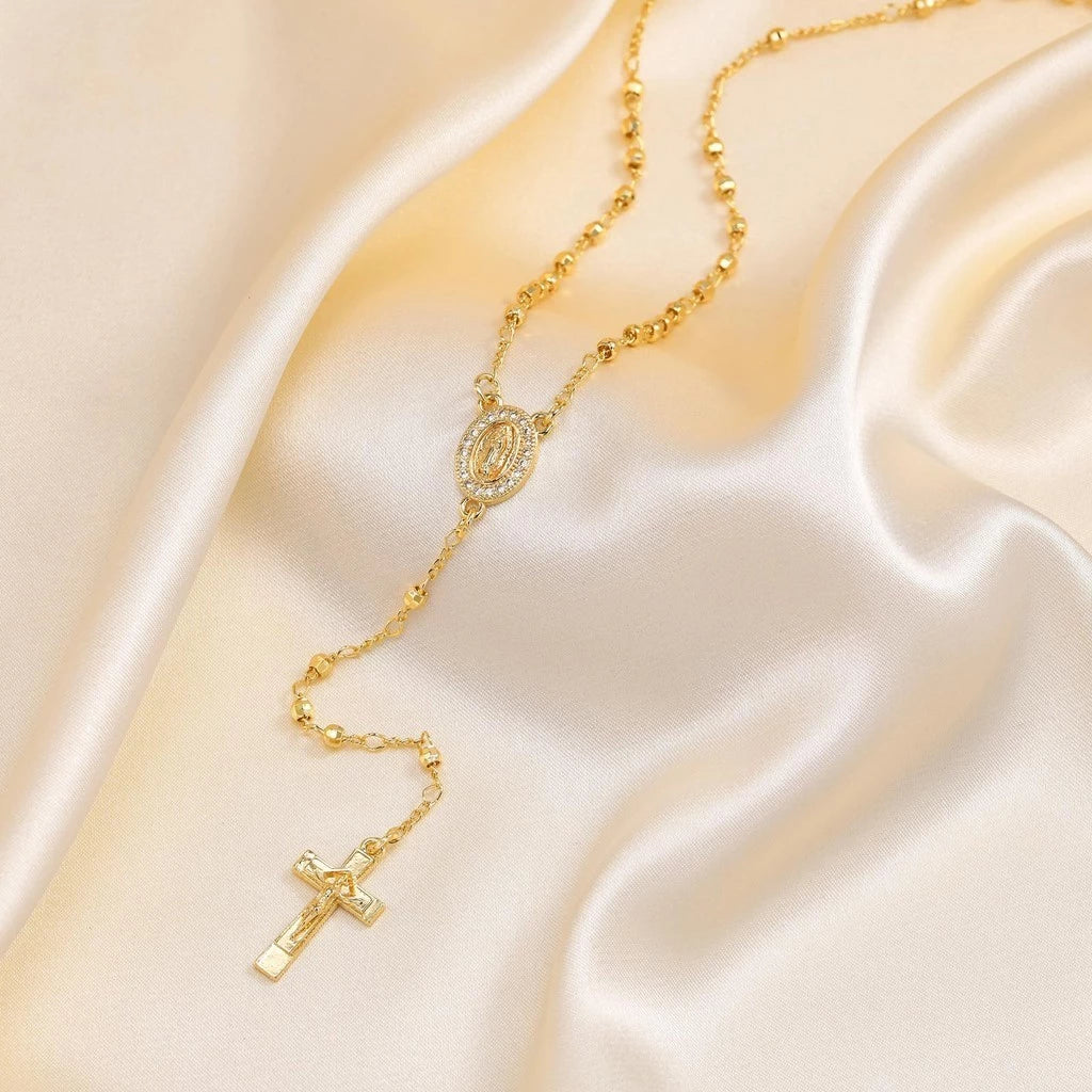 Dainty Virgin Mary Cross Long Bead Necklace for Women Men,18K Gold Faith Pray Jewelry Accessories