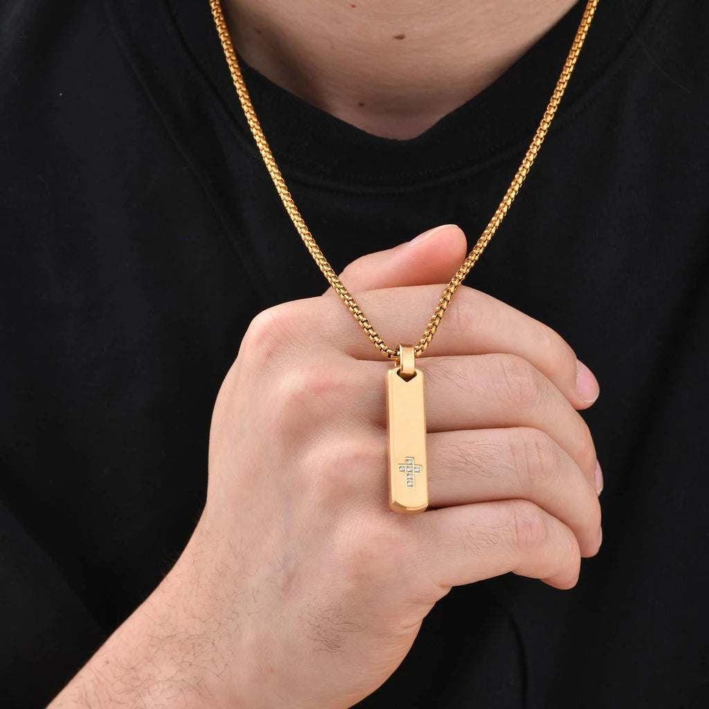 Zircon Cross Bar Pendant Necklace for Men Boys, Stainless Steel Non-fade Men's Simple Chain Jewelry Gifts